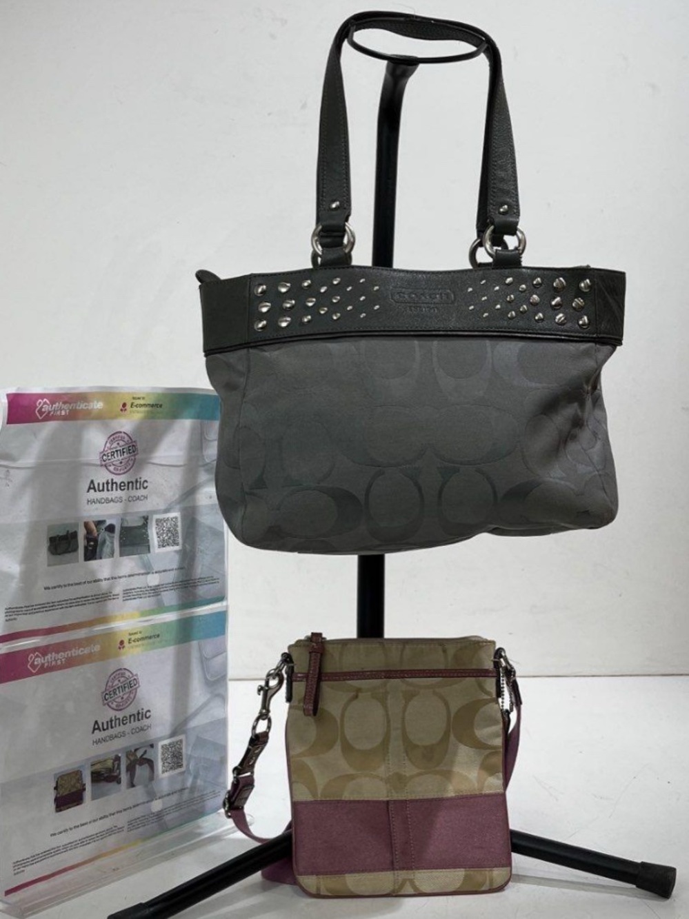 BUNDLE Coach Studded Tote Bag iCharcoal Gray and cute pink coach crossbody canva